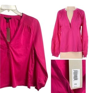 BANANA REPUBLIC PINK LIGHTWEIGHT-smocked  LONG SLEEVE BLOUSE M Petite  popover